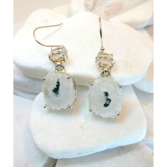 Solar Eye Quartz Water Clear Herkimer Diamond Sterling Silver Dangle Earrings - Picture 5 of 8